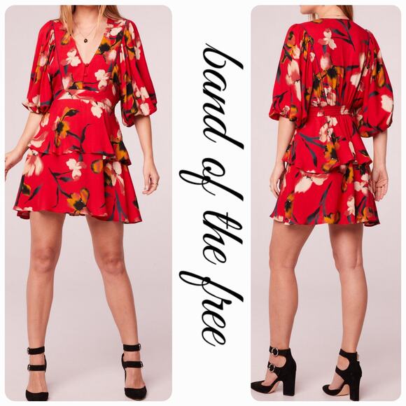 Band of Gypsies Sweaters - NWT Band of the Free Dolly Floral Puff Sleeve Mini Dress Sz. S [4-6] Red Gold